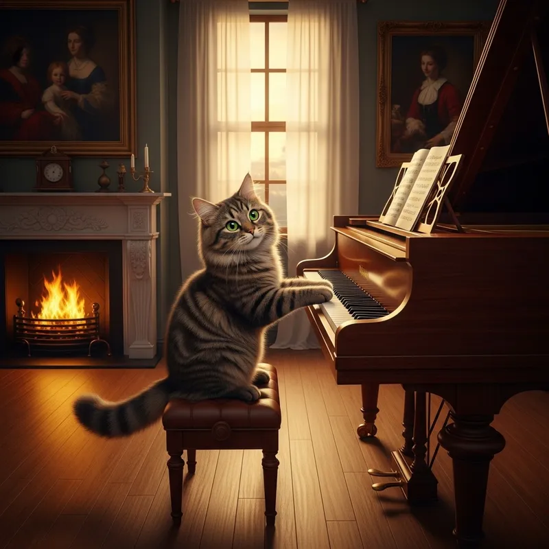 Playful Tabby Cat Plays Piano