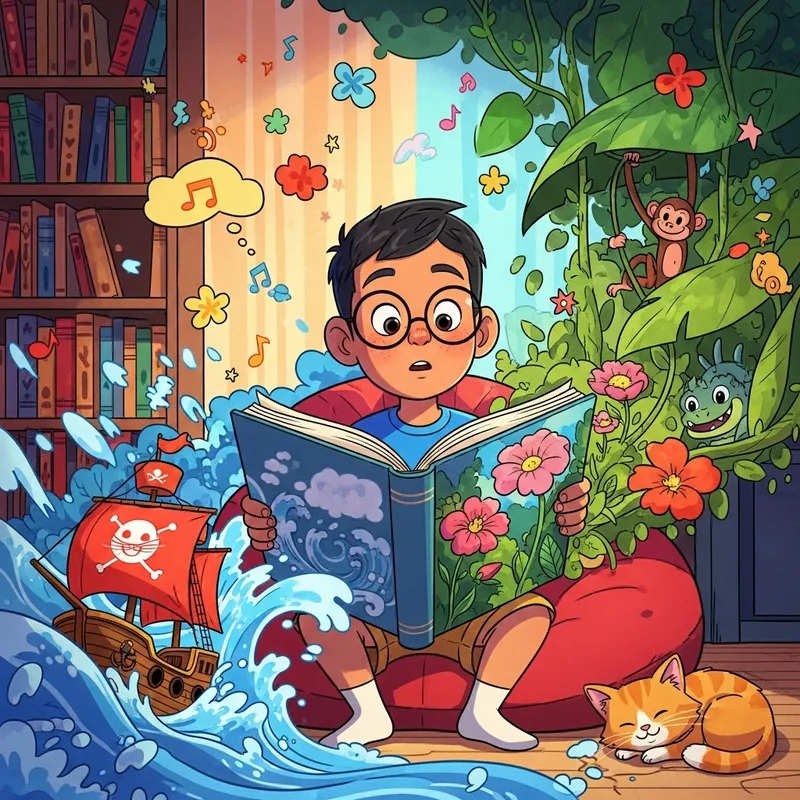 Animated Boy with Glasses Reading a Book