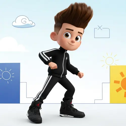 Cartoon-Style Boy in Black Track Suit with Jordan 4 Sneakers