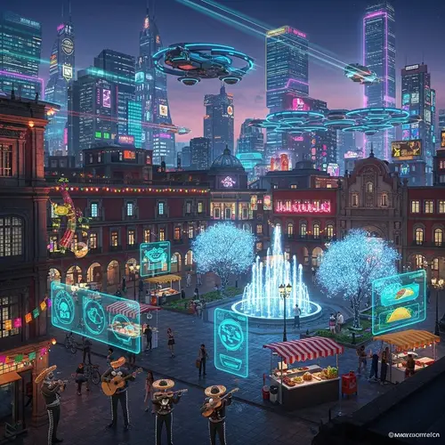 Futuristic Mexican Cityscape | Hi-Tech Skyscrapers & Robotic Mariachi Bands