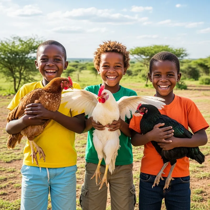 3 Happy African Boys Holding Hens Outdoors