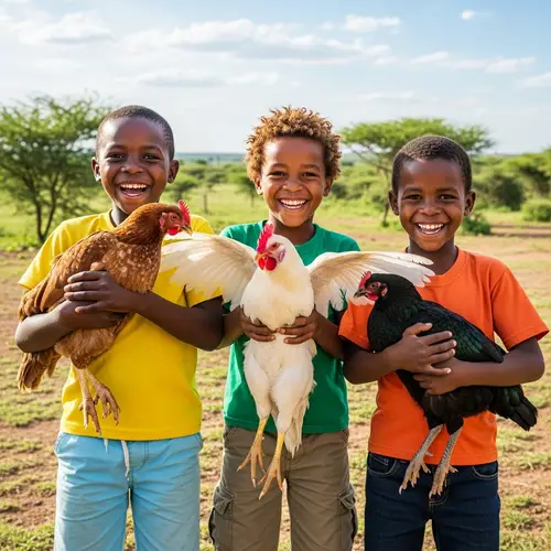 Joyful African Boys Holding Hens Outdoors