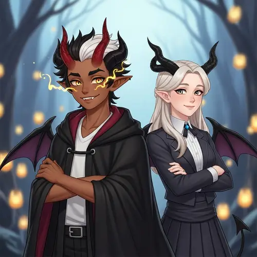 Brown Skin Demon Boy & Black White Hair Girl - Fantasy Friendship Tale