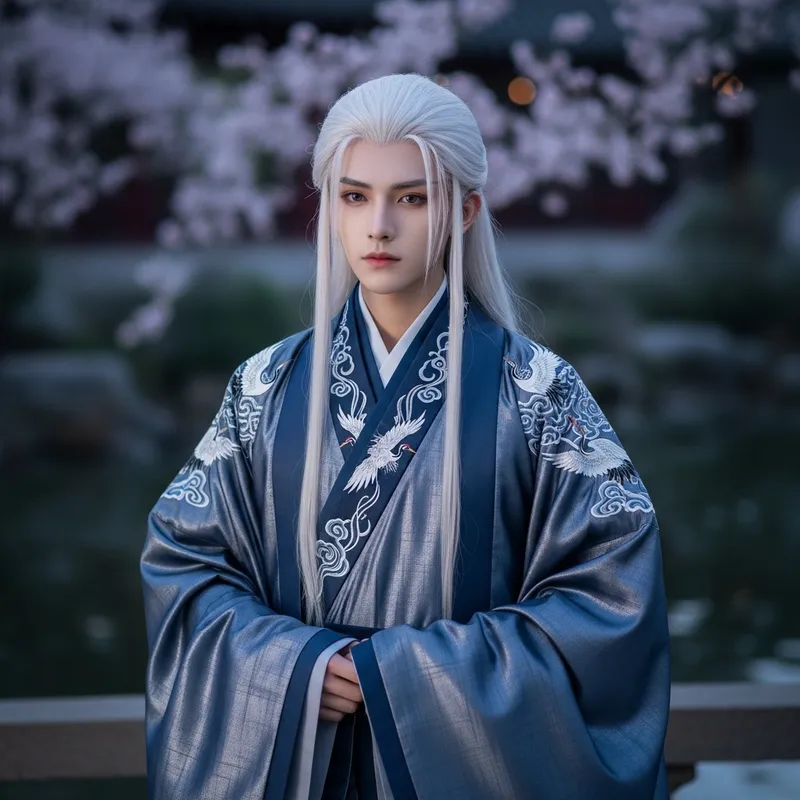 Beautiful Young Man in Traditional Chinese Hanfu with Long White Hair