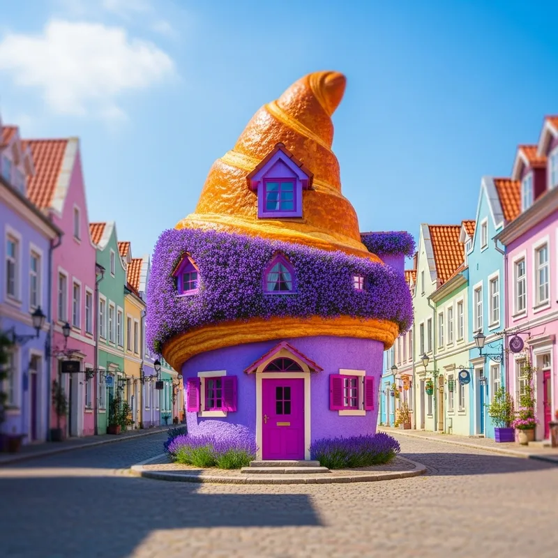 Enchanting Croissant House with Lavender Flowers - Fairytale Setting
