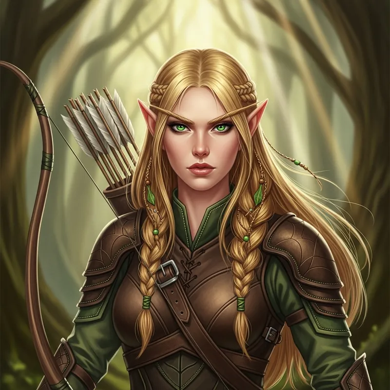 Stern and Strong Beautiful Elf Archeress | Golden Hair & Emerald Eyes