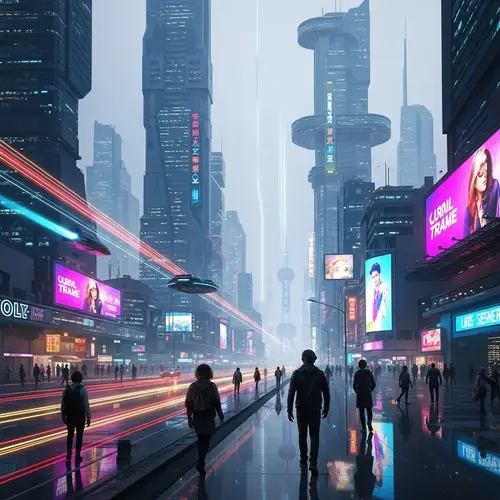 Futuristic Cityscape: Innovative Architecture & Neon Transport