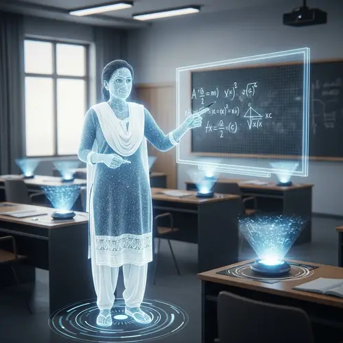 Futuristic South Asian Female Teacher Hologram Lecture