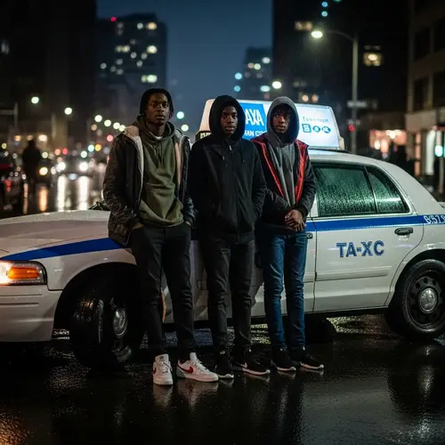 Urban Mystique: Black Teenagers by Taxi Cab on Rainy Night