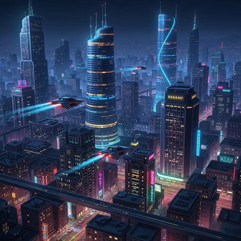 Vibrant Neon Cyberpunk Cityscape by Syd Mead at Night