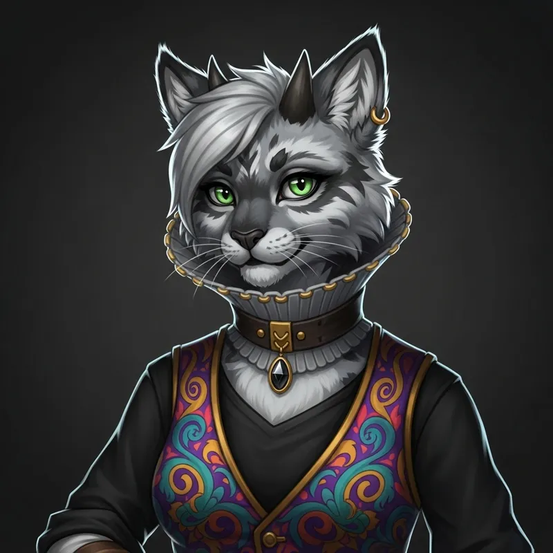Graceful Tabaxi Female Rogue in Grey Attire with Elizabethan Collar