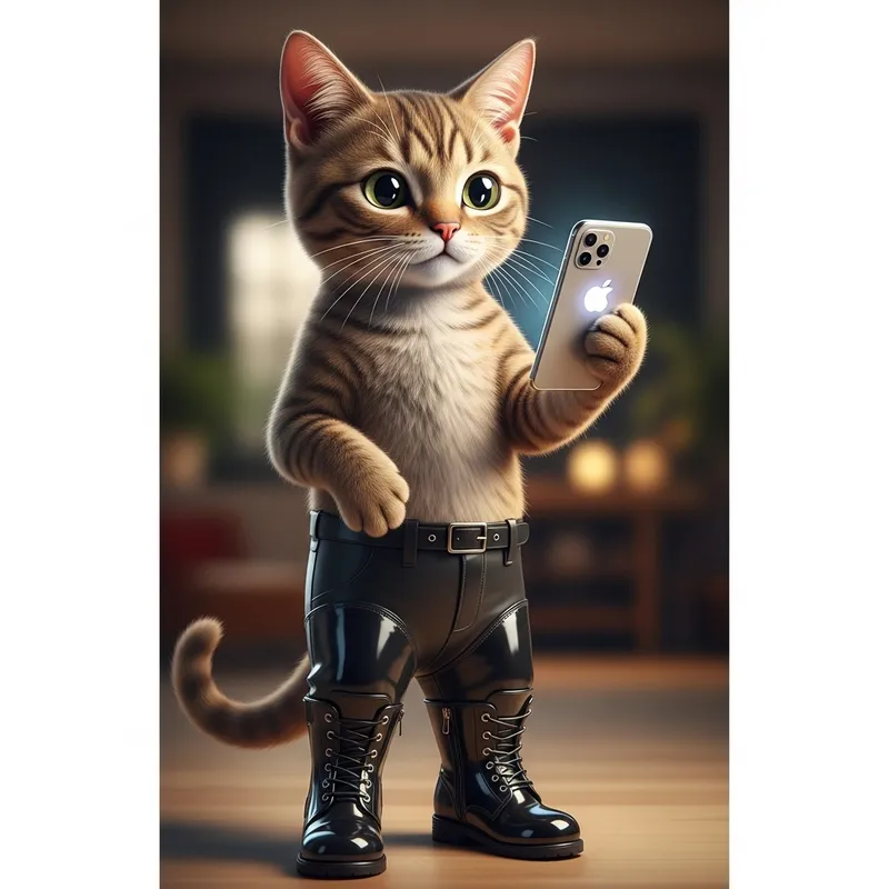 Cat in Boots Holding Smartphone - Adorable Tech-Savvy Feline