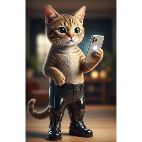 Anthropomorphic Cat in Boots Holding Smartphone - Curious Feline Tech Lover