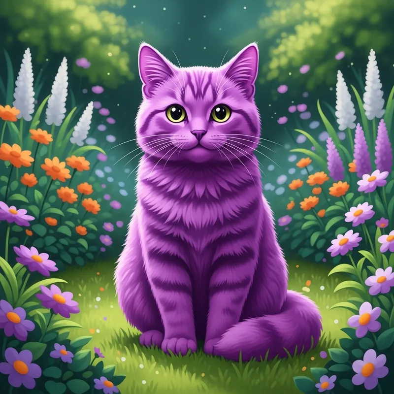 Splendid Purple Cat in Enchanting Garden | Magical Exuberance