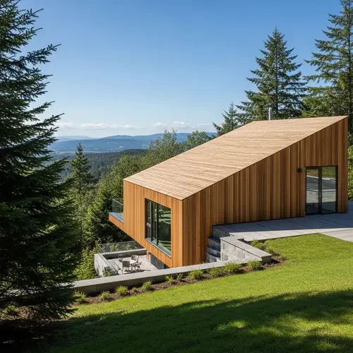 Modern Cedarwood Hotel Residence with Stepped Roof and Fir Trees