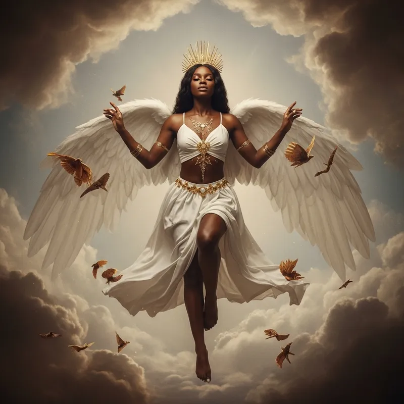 Majestic Black Woman: Heavenly Pose amidst Ethereal Clouds