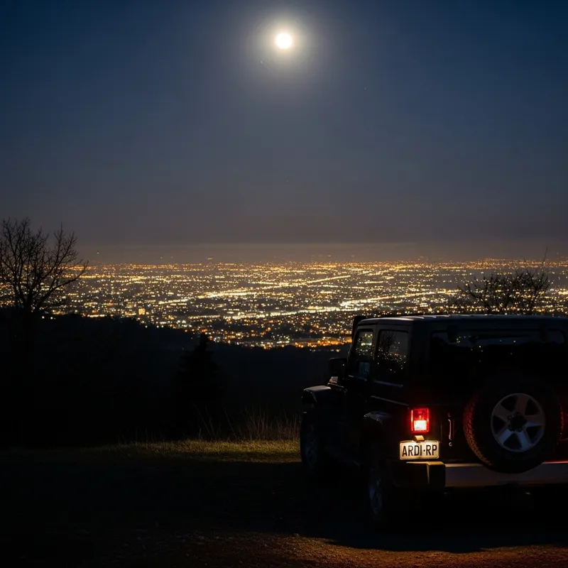 Night View from a Hill with a Black Jeep