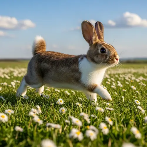 Joyful Bunny Hopping in Green Field with Daisies - Peaceful Day