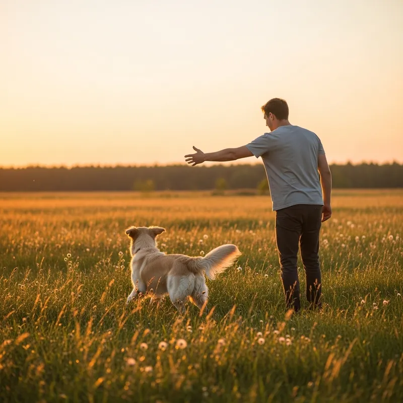 Man Calls Golden Retriever in Open Field: Serene Reunion at Sunset