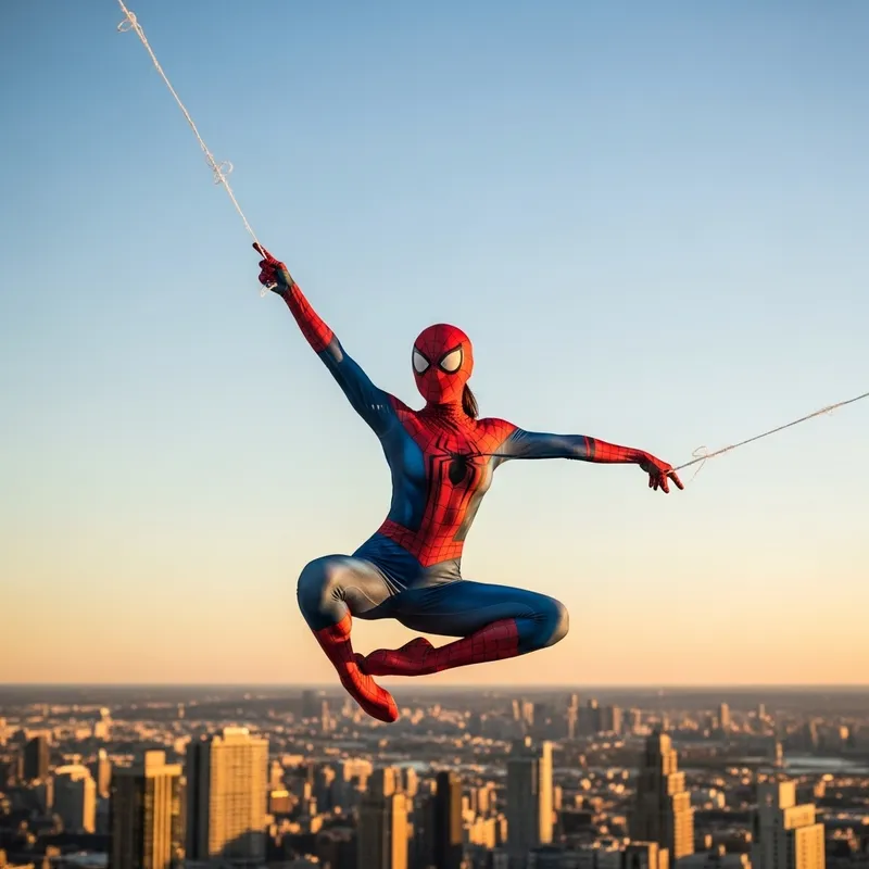 Mía Kalifla as Spiderman: Awe-Inspiring Acrobat in City at Sunset