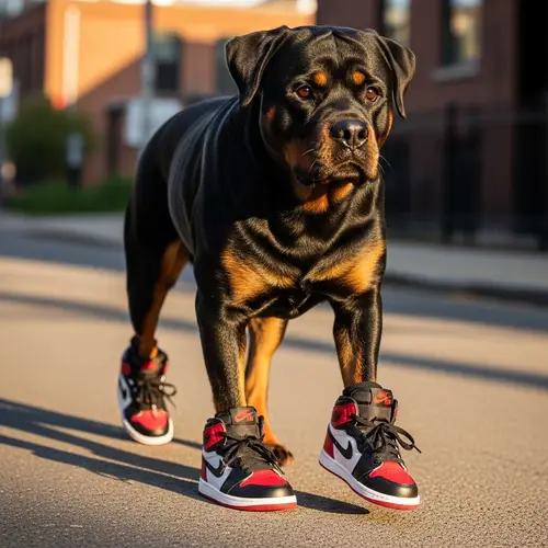 Rottweiler Dog in Jordan Sneakers
