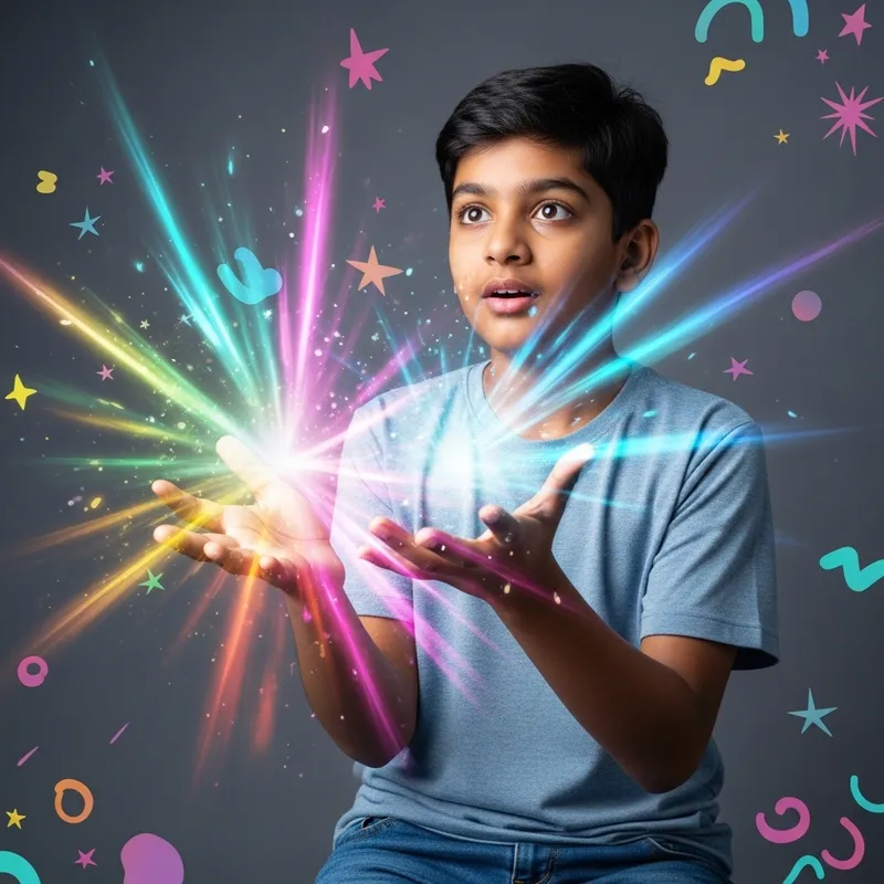 Enchanting South Asian Boy with Magical Rainbow Hands