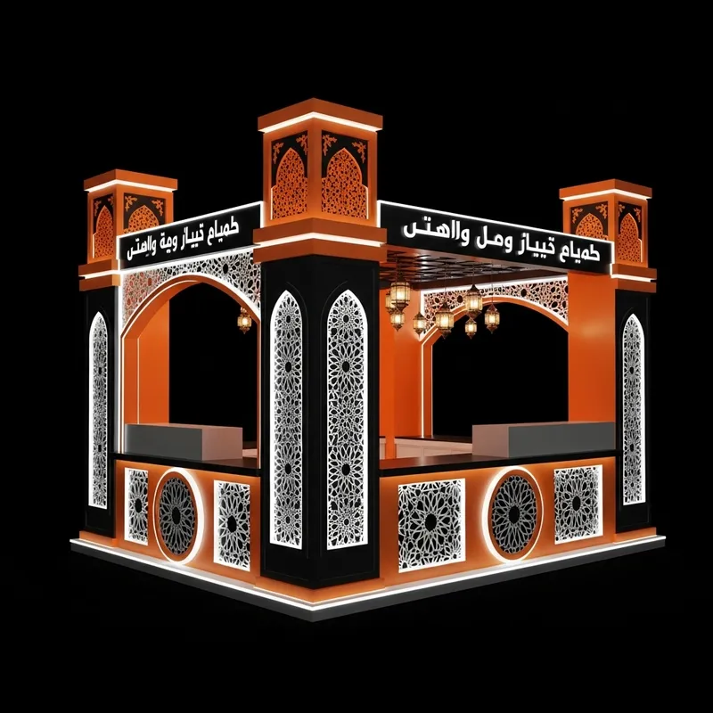 Intricate Arabic Food Kiosk Design with Neon & Orange Theme Intricate Arabic Food Kiosk Design with Neon & Orange Theme