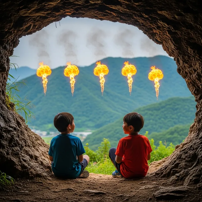 Asian Boys Astonished by Fireball Spectacle in Mountain Cave