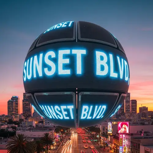 Futuristic Sphere with LED Billboards in West Hollywood Sunset