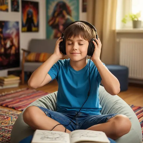 Young Boy Immersed in Music | Cozy Room Setting