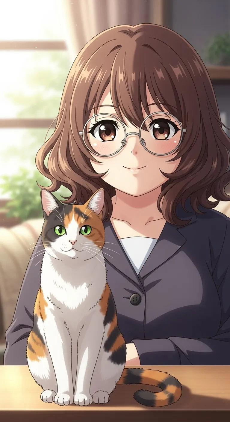 Chubby Anime Brunette with Wavy Hair, Big Glasses & Calico Cat