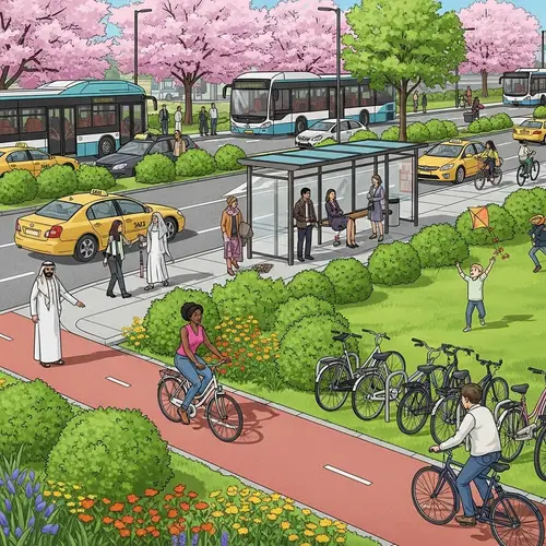 Bustling Transportation Hub in Green Environment