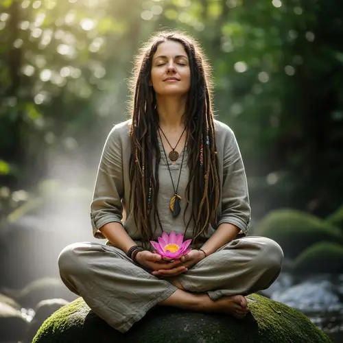 Caucasian Woman Meditating with Blossoming Flower | Serene Environment
