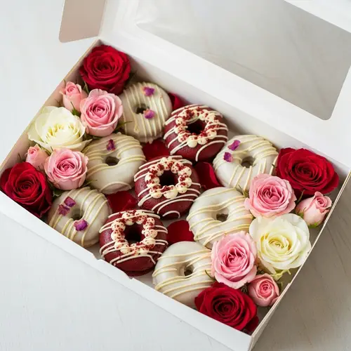 White Box Filled with Mini Donuts and Roses - Red Velvet & White Chocolate Flavors