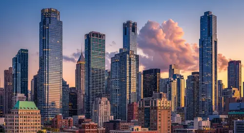 Modern Cityscape: Glass Skyscrapers Reflecting City Lights