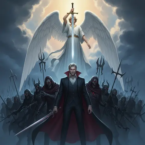 Celestial Archangel Descending to Confront Lucifer and His Malevolent Army