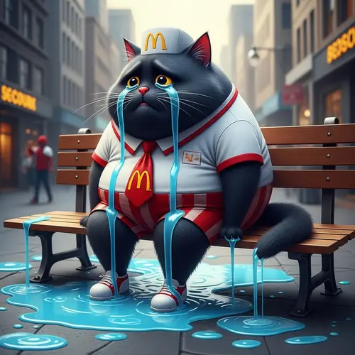 Sad Cartoon Black Cat Crying on Bench | Hyperrealism Theme