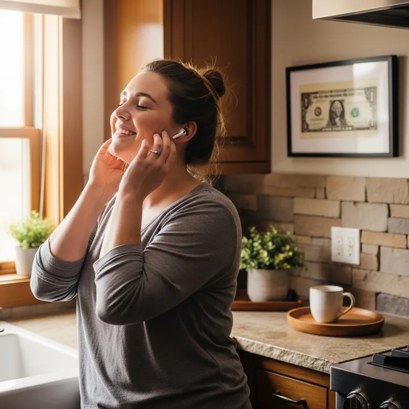 Joyful Woman Enjoying Music in Cozy Kitchen with Unique Decor Joyful Woman Enjoying Music in Cozy Kitchen with Unique Decor