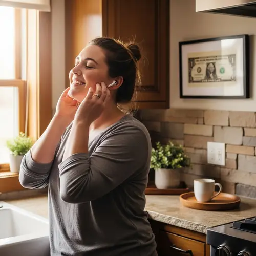 Happy Caucasian Woman Listening to Music in Cozy Kitchen