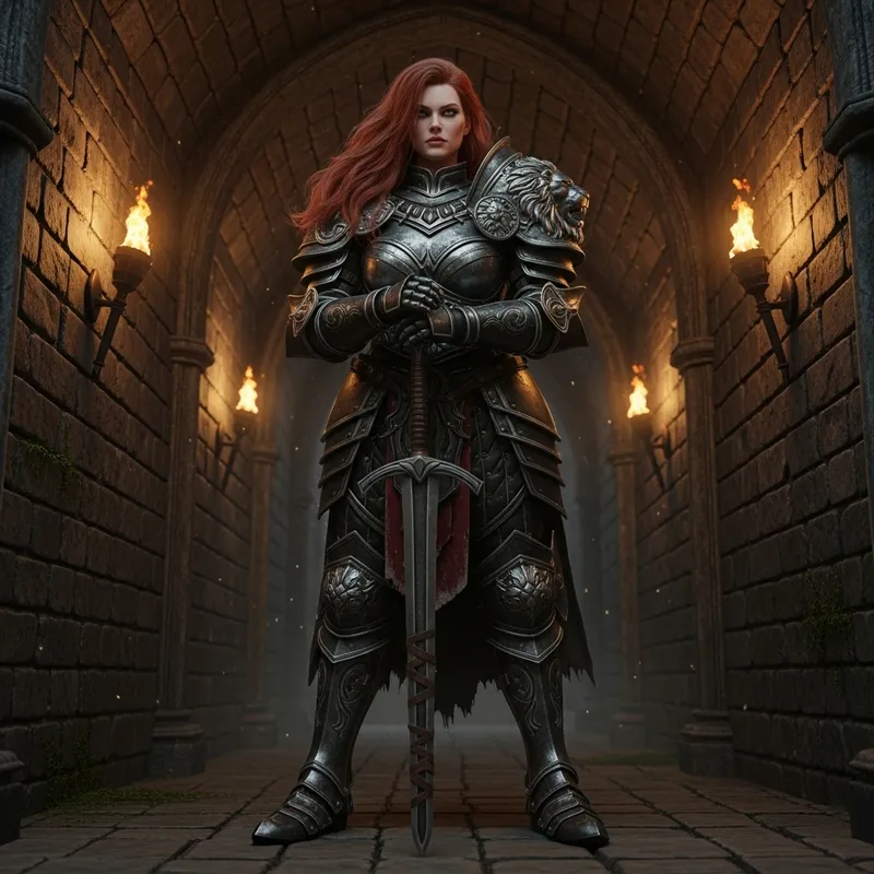 Red-Haired Woman in Armour | Powerful Pose in Dimly Lit Hallway Red-Haired Woman in Armour | Powerful Pose in Dimly Lit Hallway
