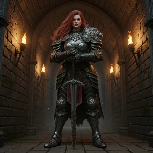 Red-Haired Woman in Armour | Mysterious Hallway Scene