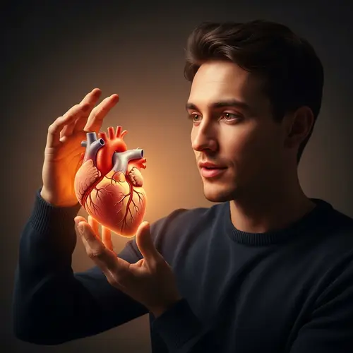 Surreal Art: Caucasian Man Holding Glowing Heart in Hand