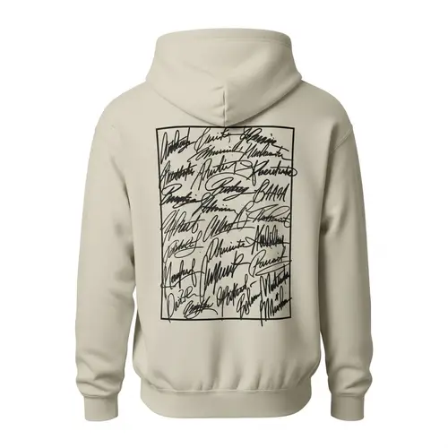 Beige Hoodie with Overlapping Signatures | Unique Fashion Apparel