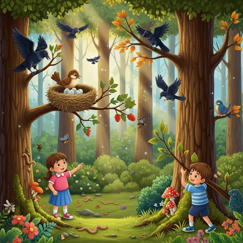 Enchanting Forest Scene: Harmony of Nature and Childlike Wonder