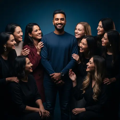 Diverse Women Gathering Around Smiling Indian Man in Studio Setting