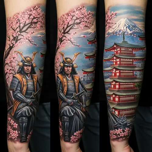 Vivid Samurai Tattoo Design with Cherry Blossom Tree and Japanese Temple