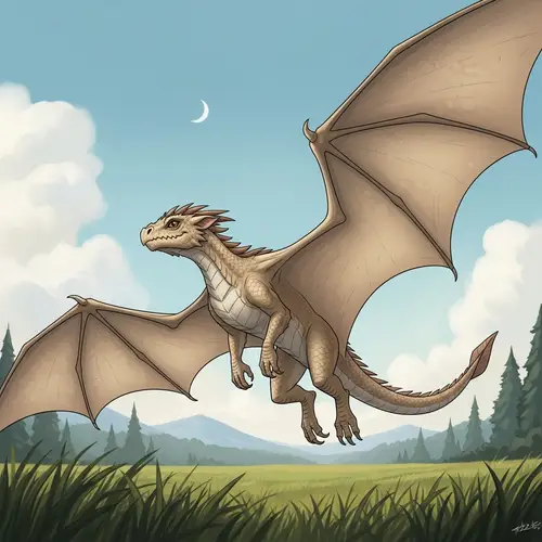 Young Beige Dragon Flying Over Field