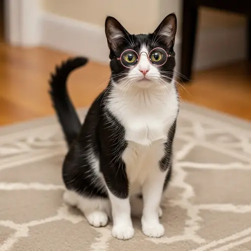 Intelligent Black and White Cat with Glasses on Cashmere Rug
