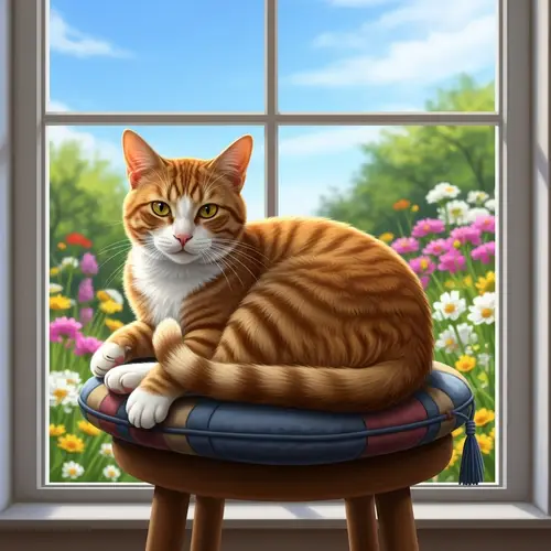 Charming Cat Lounging Near a Garden View