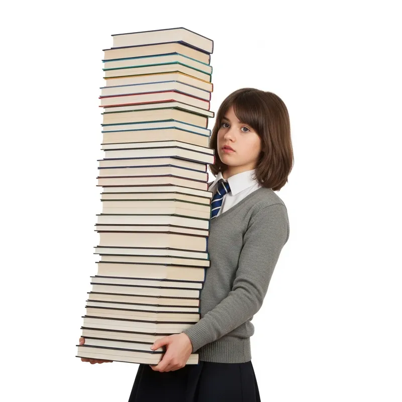 Young Girl Carrying Impressive Stack of Books - Hermione Granger